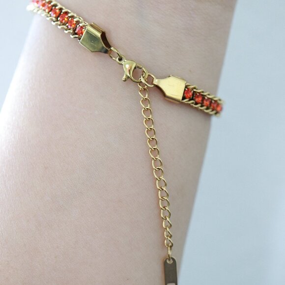 Orange Red CZ Diamond Cuban Chain Tennis Bracelet 18k Gold Plated Stainless Stee - Picture 4 of 4